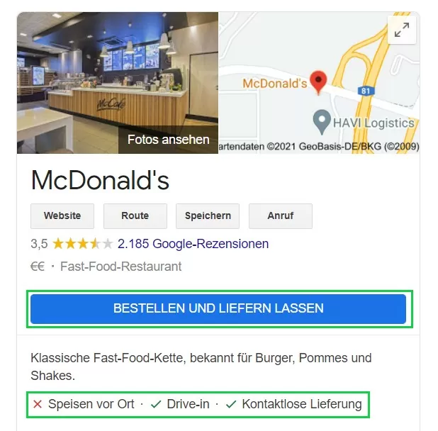 Ansicht der individuellen Attribute im Firmeneintrag von McDonald's