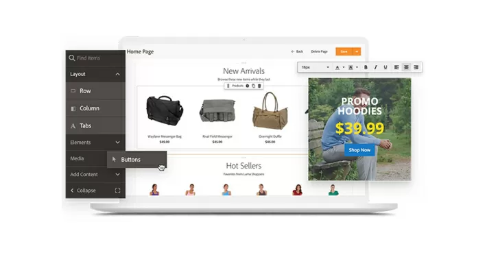 Ansicht des Magento Page Builders auf einem Laptop