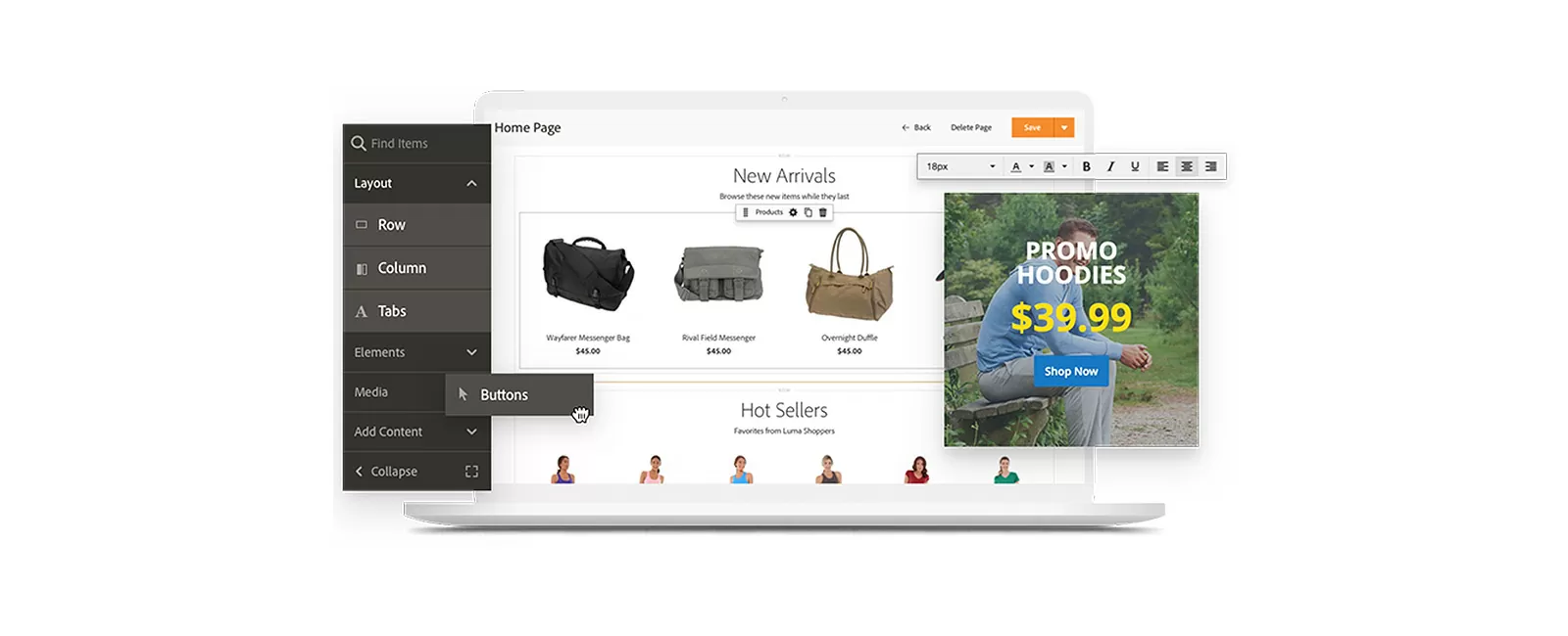Ansicht des Magento Page Builders auf einem Laptop