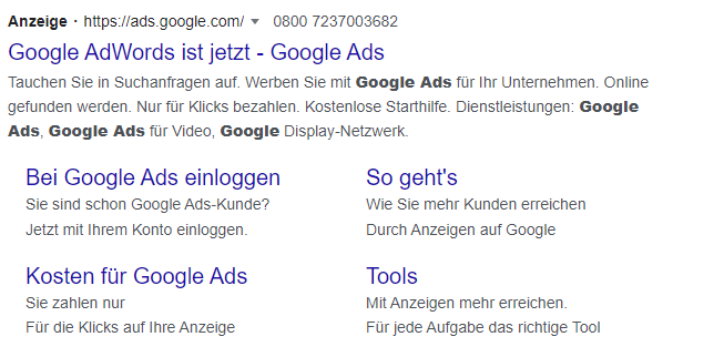 Verschiedene Anzeigenerweiterungen von Google Ads