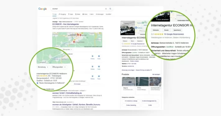 Abbildung von den Google Suchergebnissen mit einem Google My Business Eintrag