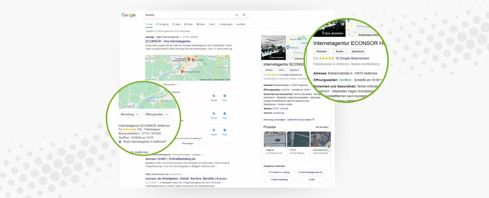 Abbildung von den Google Suchergebnissen mit einem Google My Business Eintrag