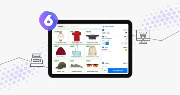 Ein Screenshot des Kassensystems Pickware POS für Shopware 6 in einem Tablet mit Kassen & Warenkorb Icon sowie 6 von Shopware 6