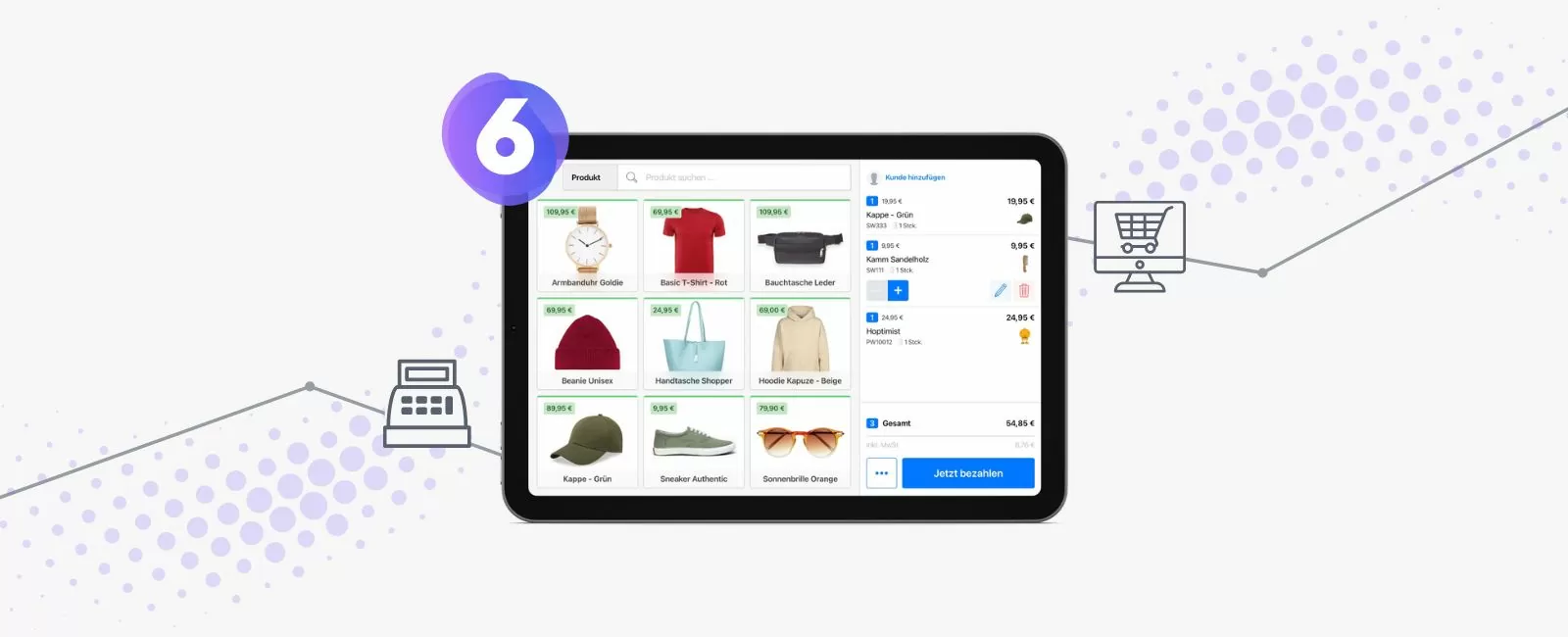Ein Screenshot des Kassensystems Pickware POS für Shopware 6 in einem Tablet mit Kassen & Warenkorb Icon sowie 6 von Shopware 6
