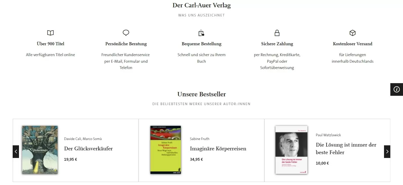 Screenshot Carl Auer Verlag Übersicht & Bestseller