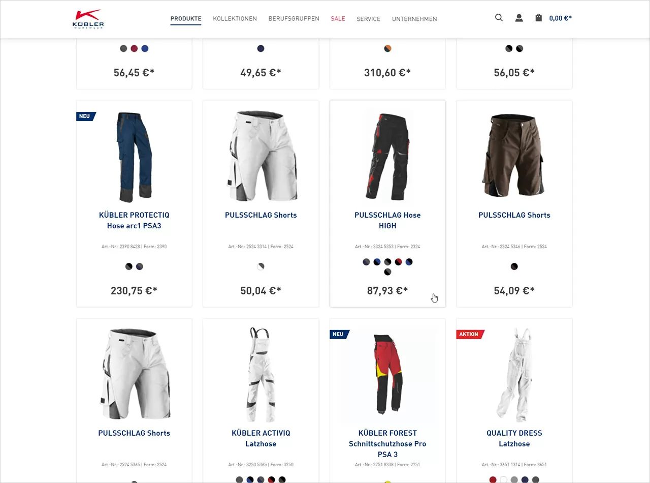 Ein Highlight des Online-Shops Kübler Workwear: das Listing