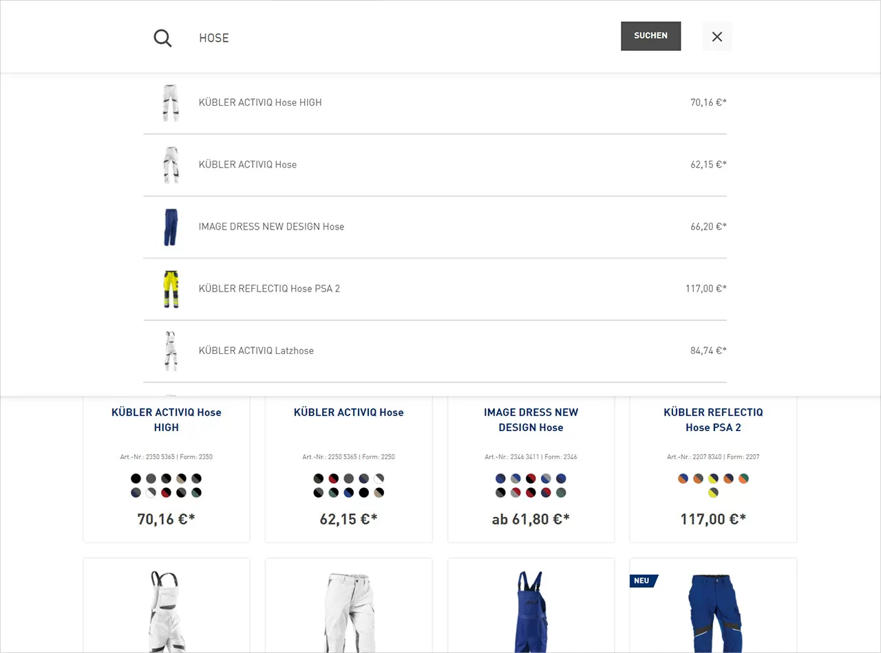 Ein Highlight des Online-Shops Kübler Workwear: die Suchmaske