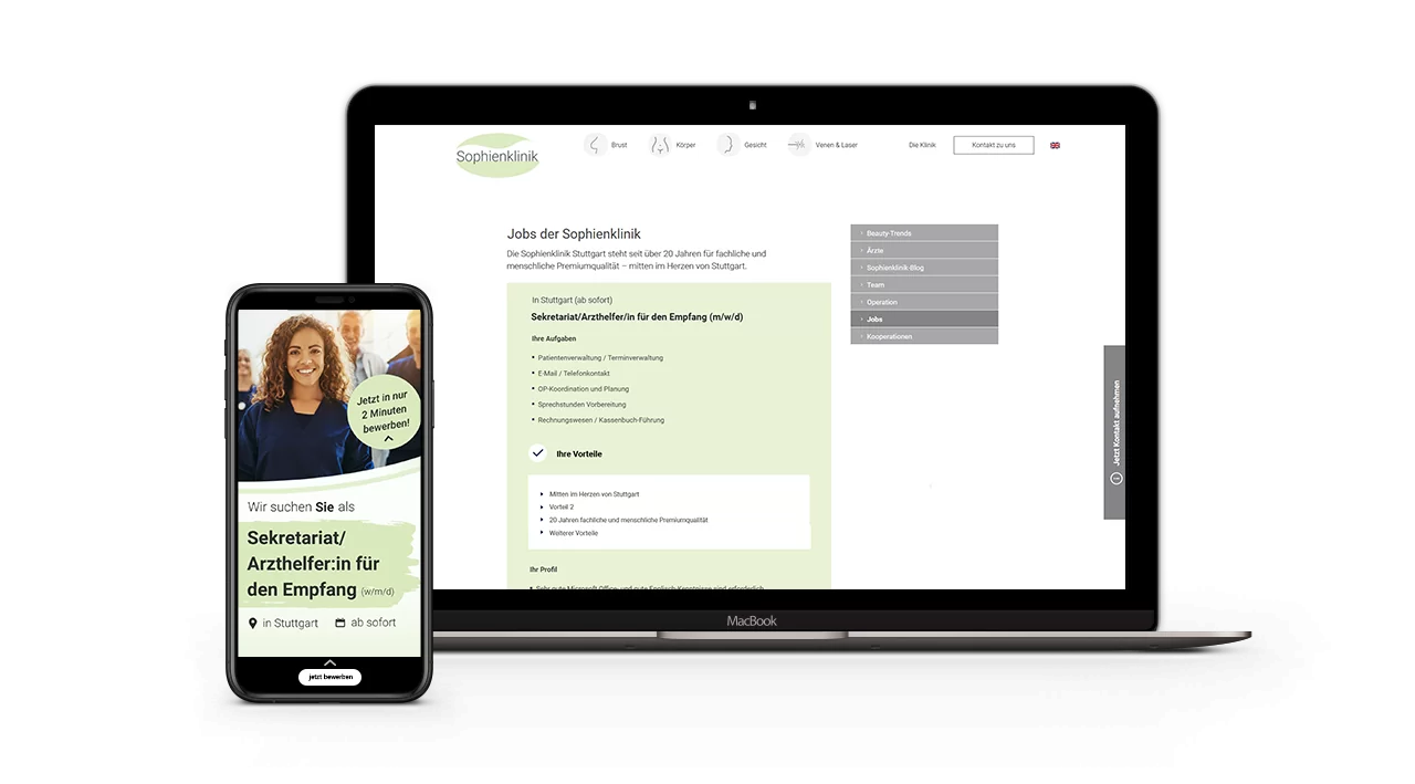 Jobs der Sophienklinik auf dem Desktop, Instagram Online-Recruiting Story auf dem Handy