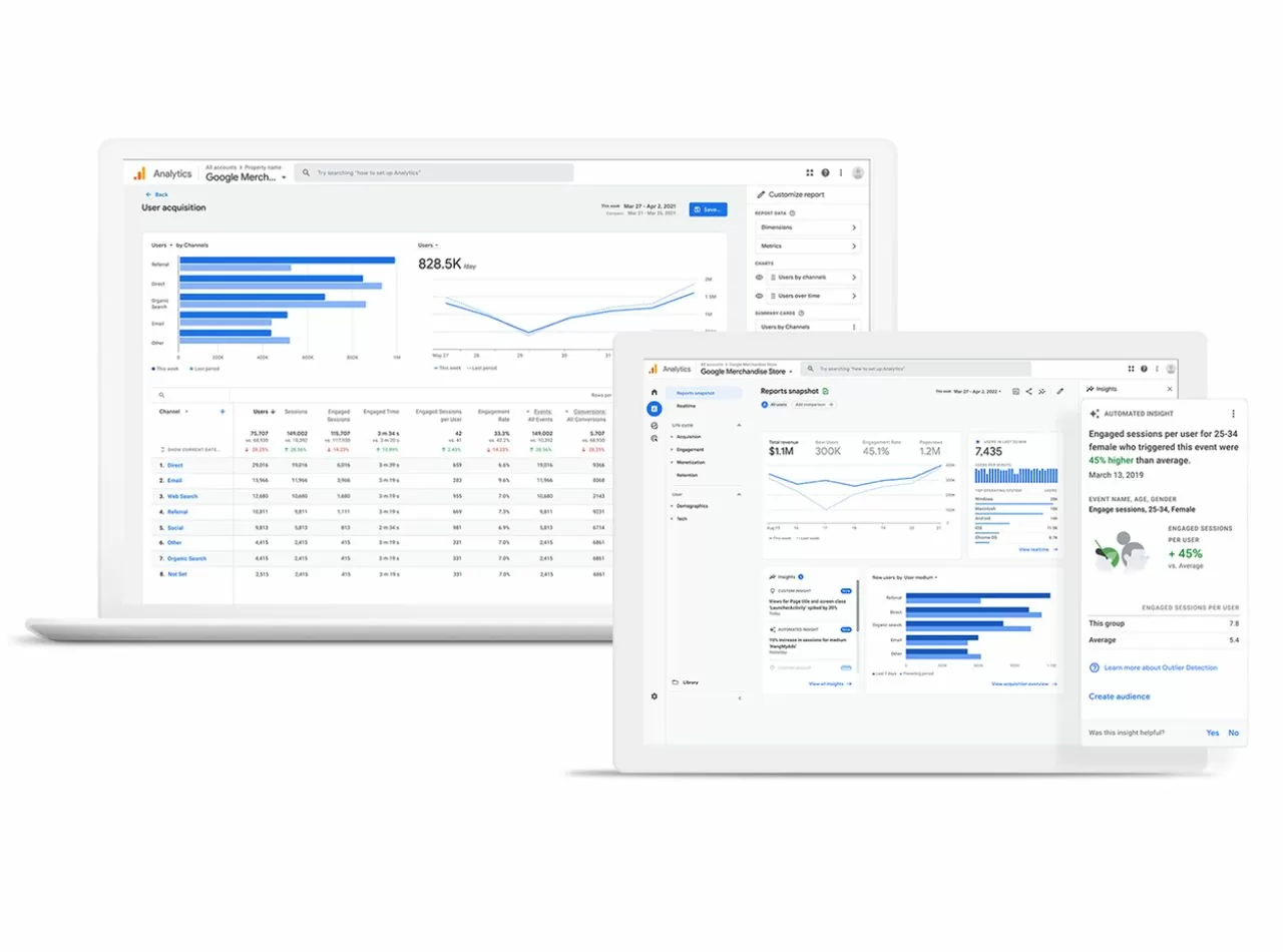 Ein Laptop und ein Tablet, die jeweils die Oberfläche von Google Analytics 4 zeigen.