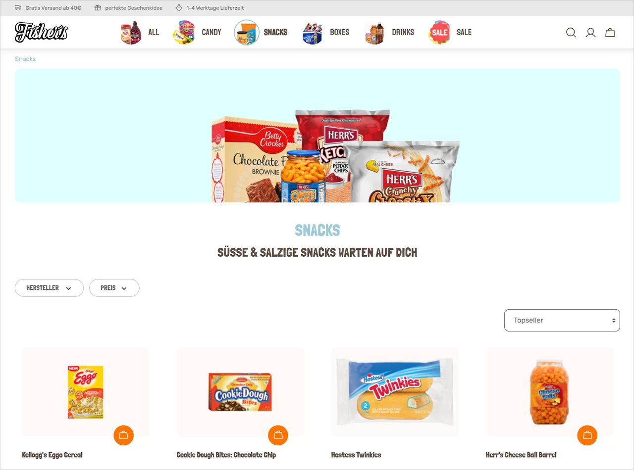 Farbenfrohes Design von Fisher's Sweet Shop mit Header und Auswahl an Snacks