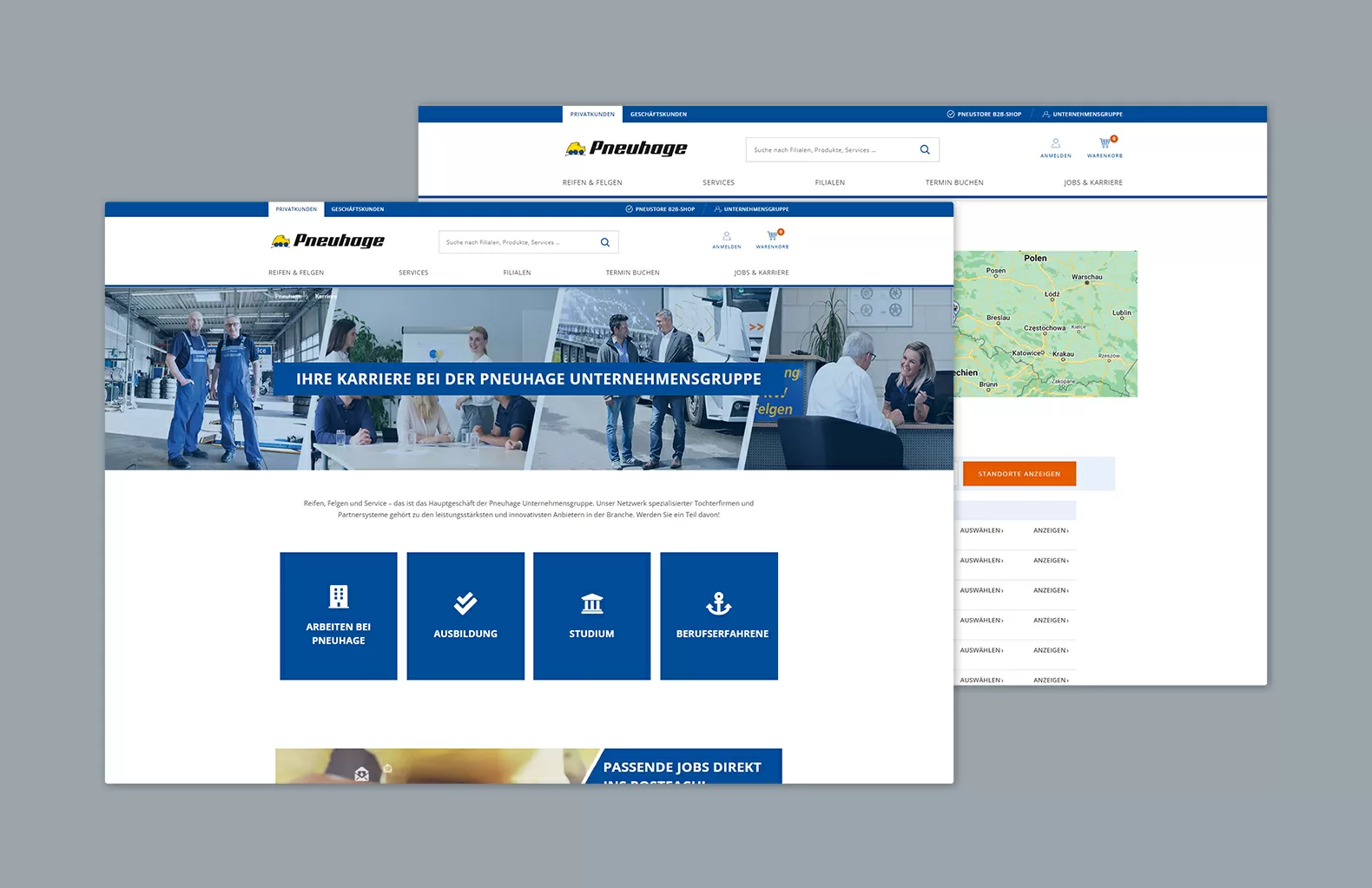 Screenshots von der Pneuhage Karriereseite und im Hintergrund teilweise sichtbar die Filialseite mit Karte