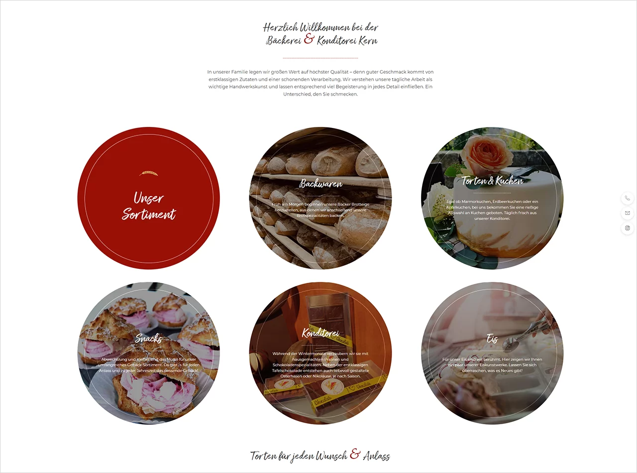 Wilkommensseite Bäckerei Kern mit verschiedenen Kategorien des Sortiments