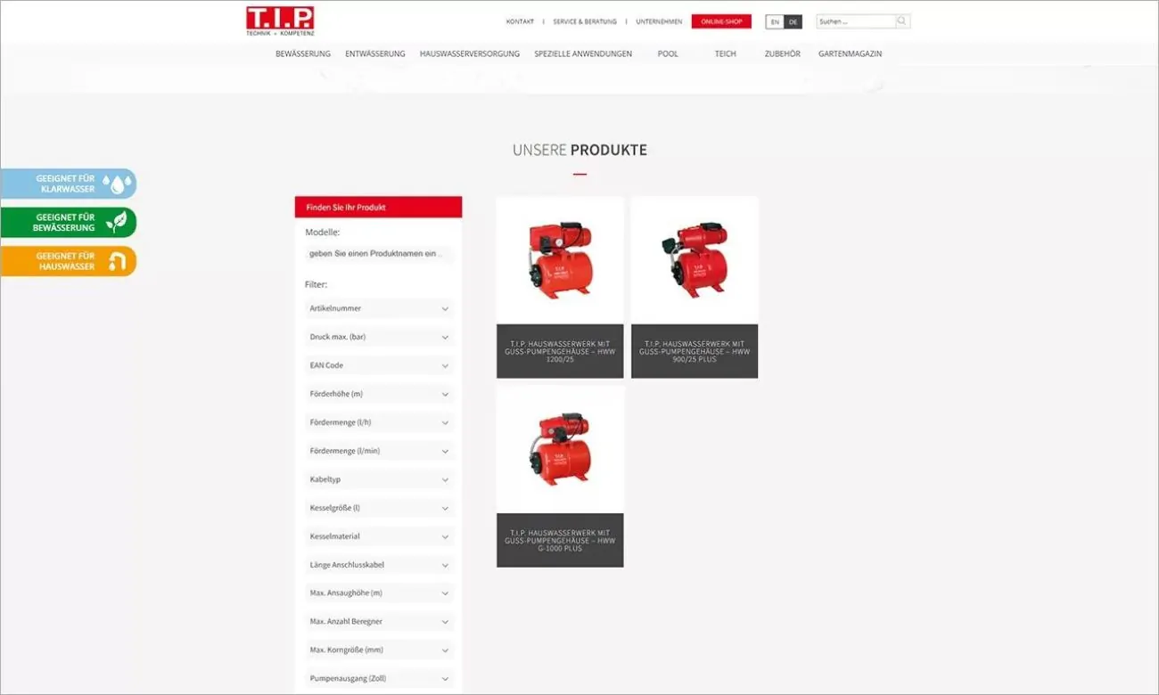Übersicht der Produkte und eines Filters zur optimalen Produktfindung bei TIP Pumpen
