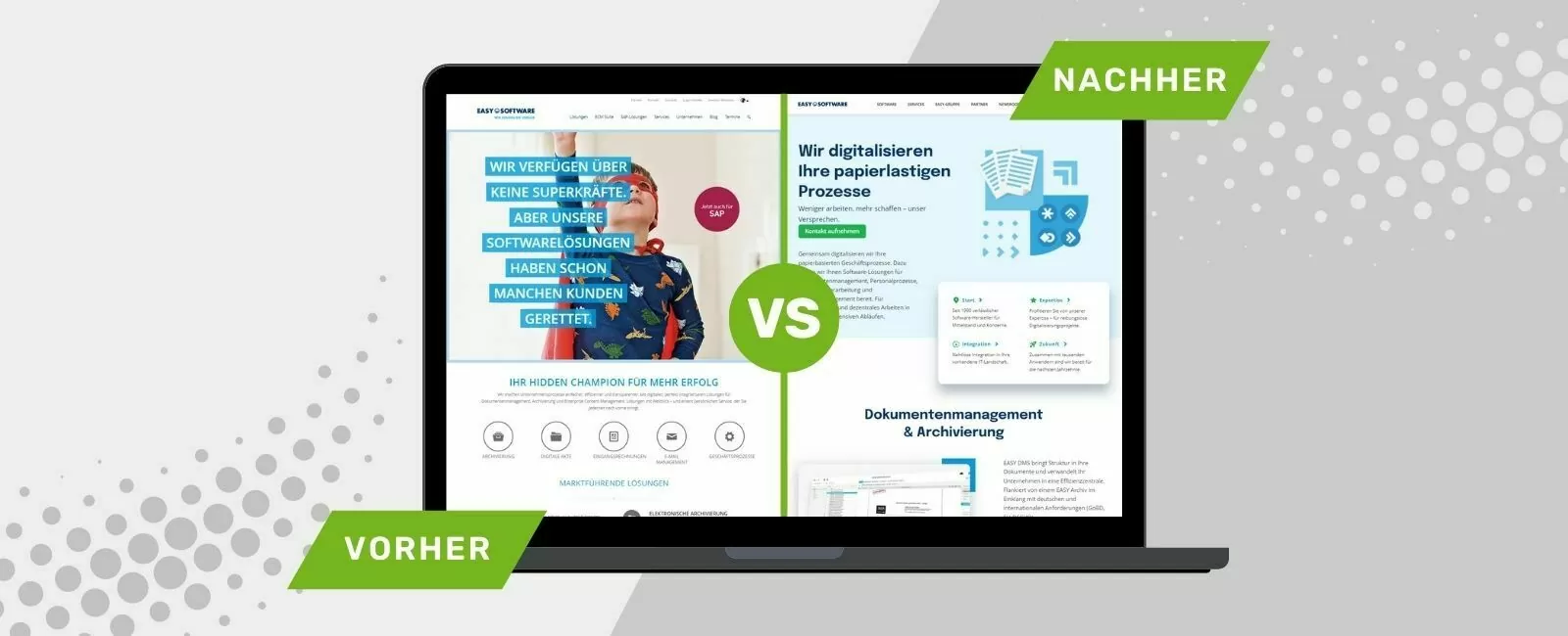 Ein Vorher Nachher Mockup der Easy Software-Website