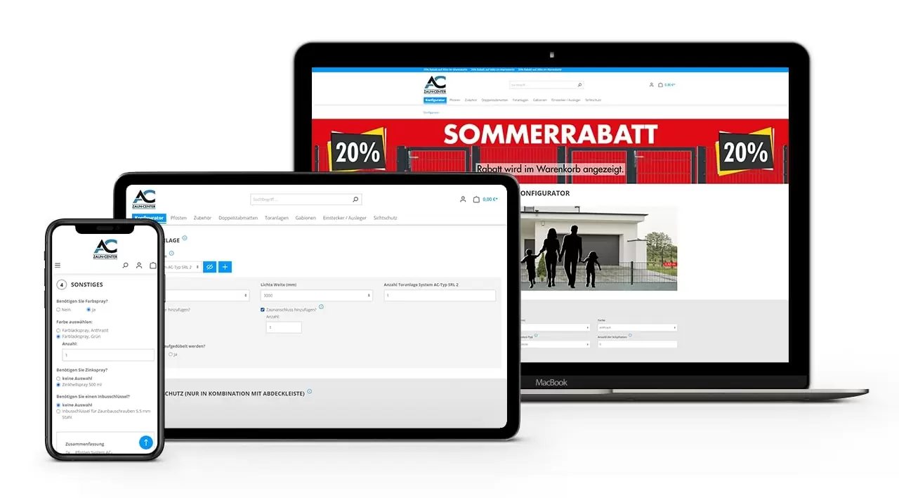 Abbildung des Shopware 6 Produkt Konfigurators des Kundens AC Zaun Center auf Desktop, Tablet, Smartphone