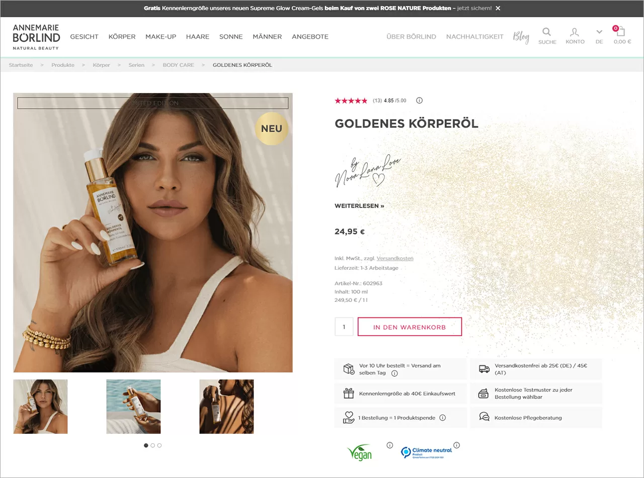 Produktseite 'Goldenes Körperöl' bei Börlind