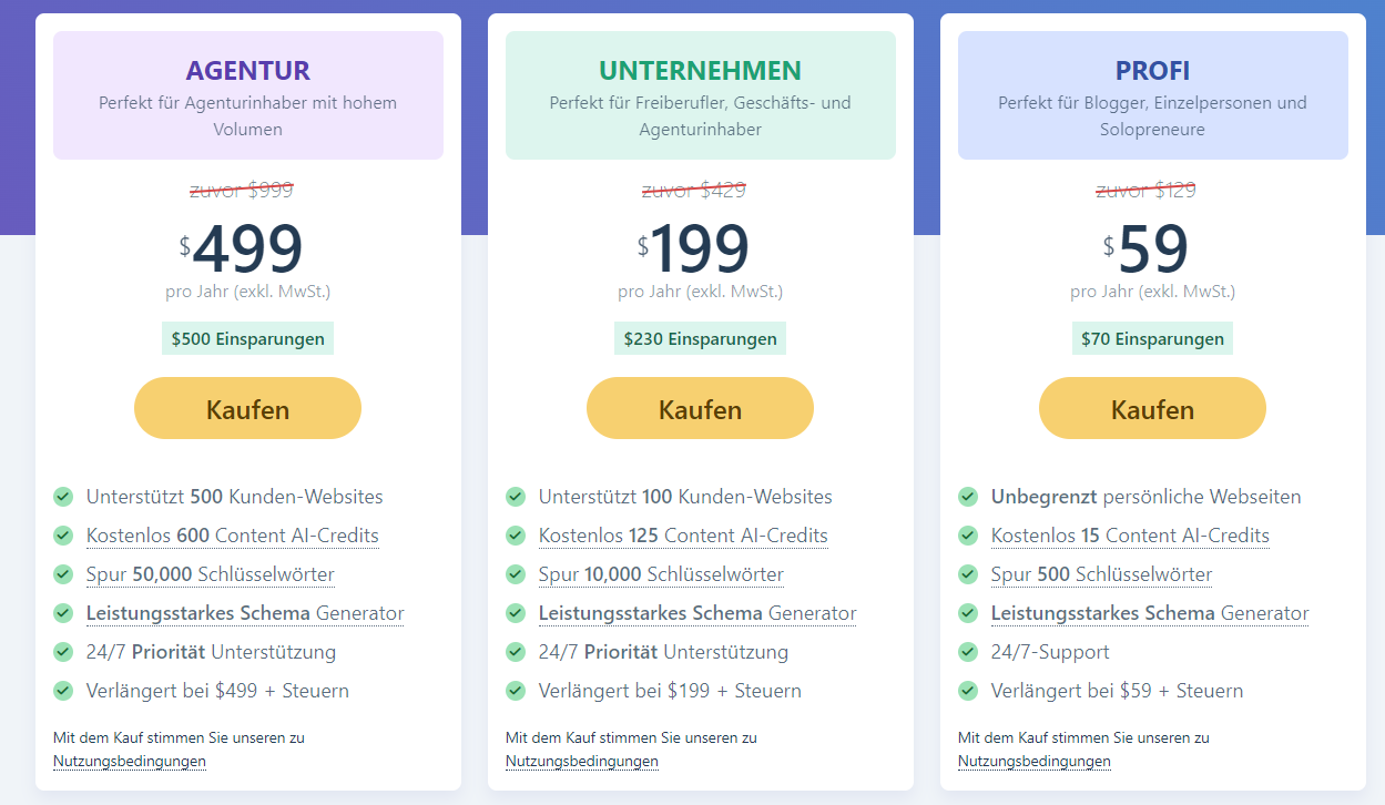 Preise für RankMath im Vergleich zu YOAST SEO