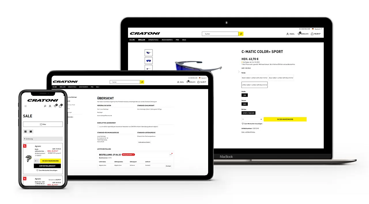 Online-Shop von Cratoni abgebildet auf dem Desktop, Tablet und Smartphone