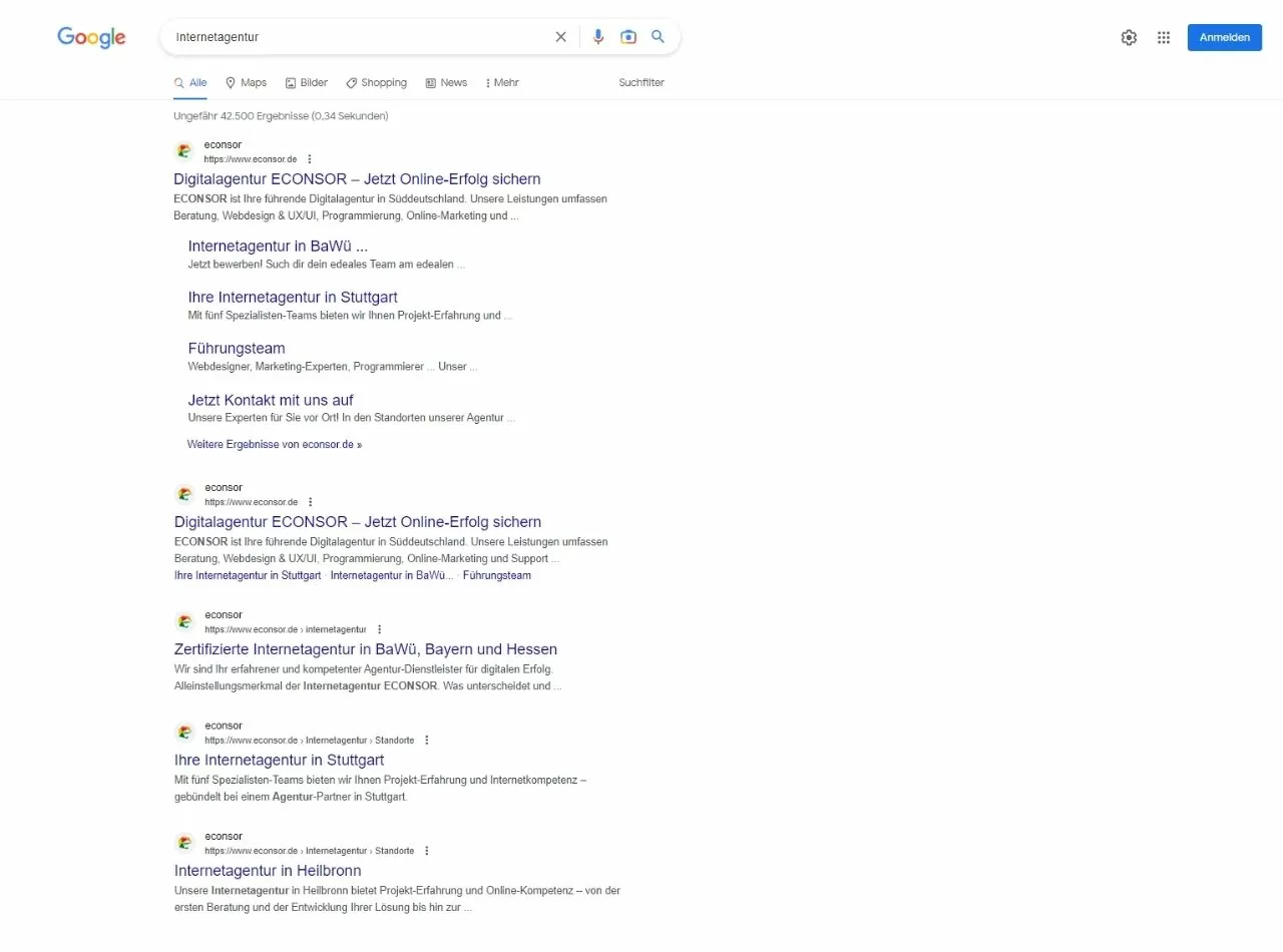 Screenshot der Suchergebnisse zum Begriff Internetagentur mit Einträgen der ECONSOR GmbH