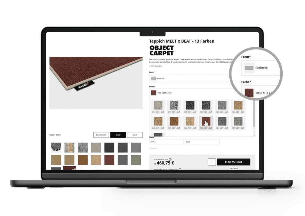Produktkonfigurator auf der Object Carpet Webseite