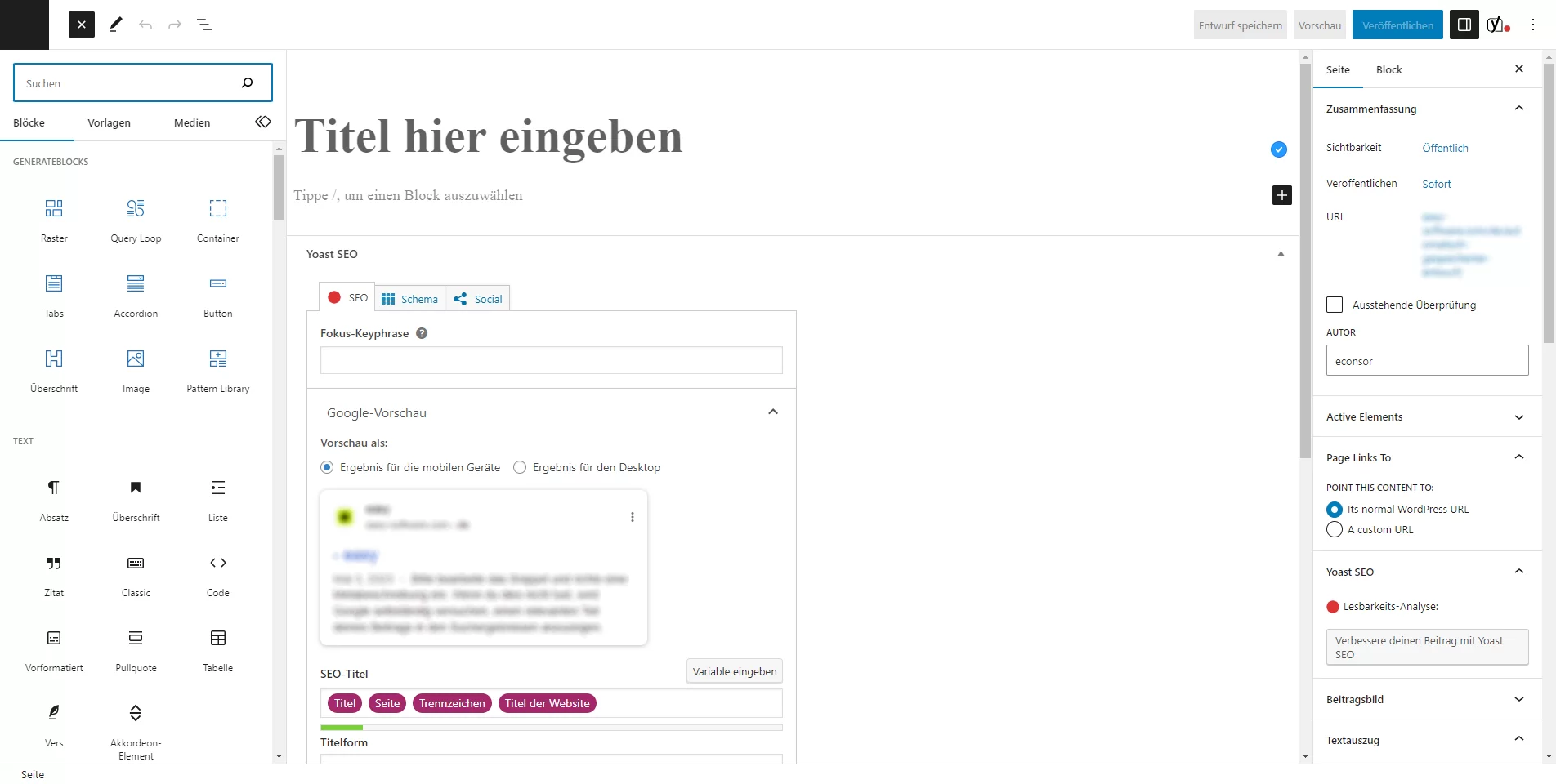 Screenshot des Gutenberg-Editor Backend