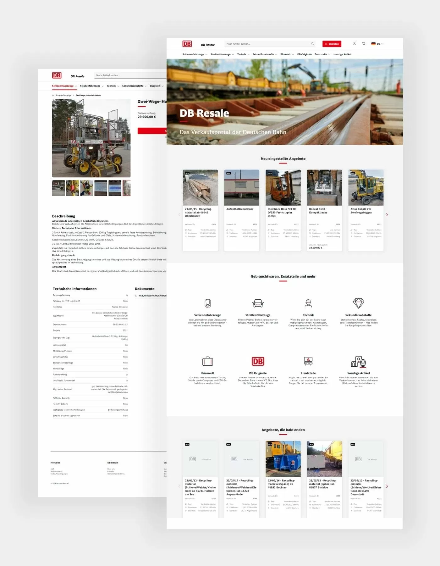 Startseite und Produktdetailseite von Schienenfahrzeuge
