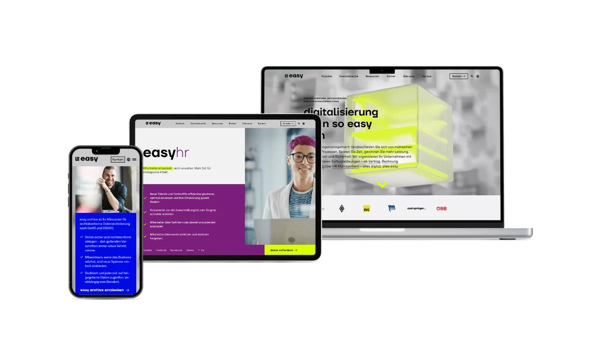 Darstellungen der Webseite von Easy-Software auf unterschiedlichen Geräten