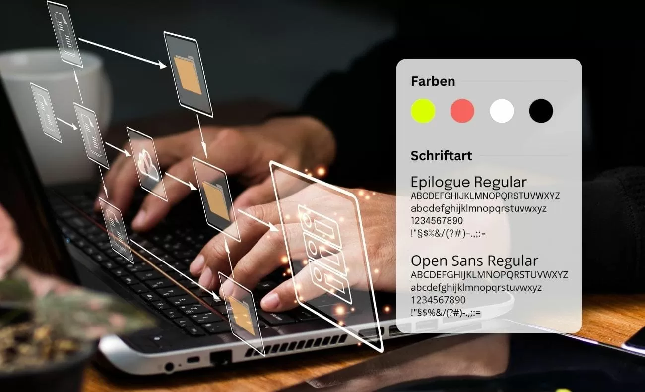 Easy Software Styleguide mit Farben gelb-grün, rosa-rot, weiß und schwarz, und Schriftarten Epilogue Regular und Open Sans Regular, dahinter eine programmierende Person am Laptop, die in der Cloud arbeitet