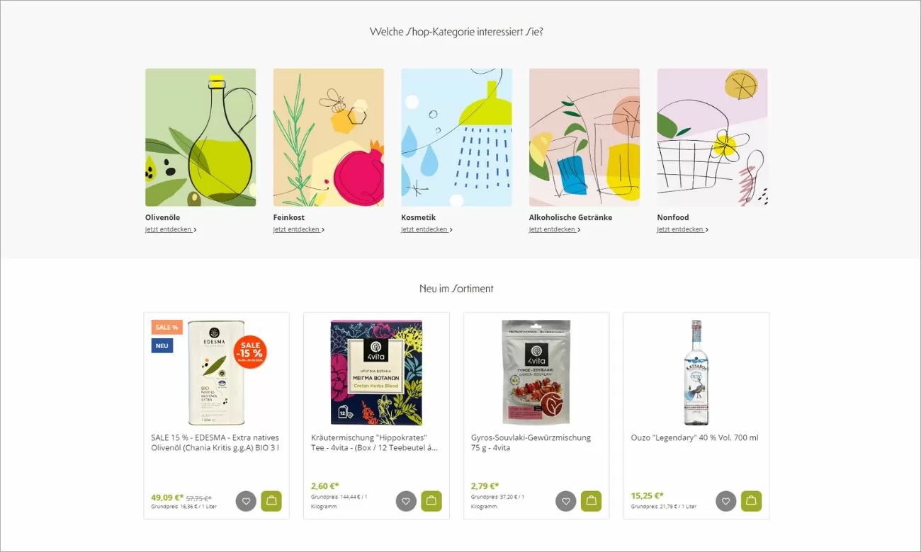 Referenz Highlight des Webdesigns aus dem Online-Shop Edesma. Übersicht der Produktkategorien und Neuigkeiten zum Sortiment