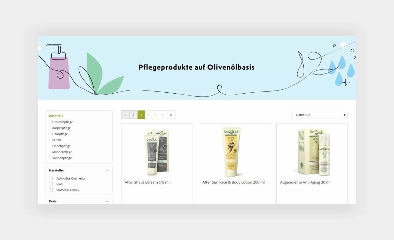 Edesma Referenz der Kategorieseite Kosmetik mit Pflegeprodukten auf Olivenölbasis und der Filteroption auf der linken Seite