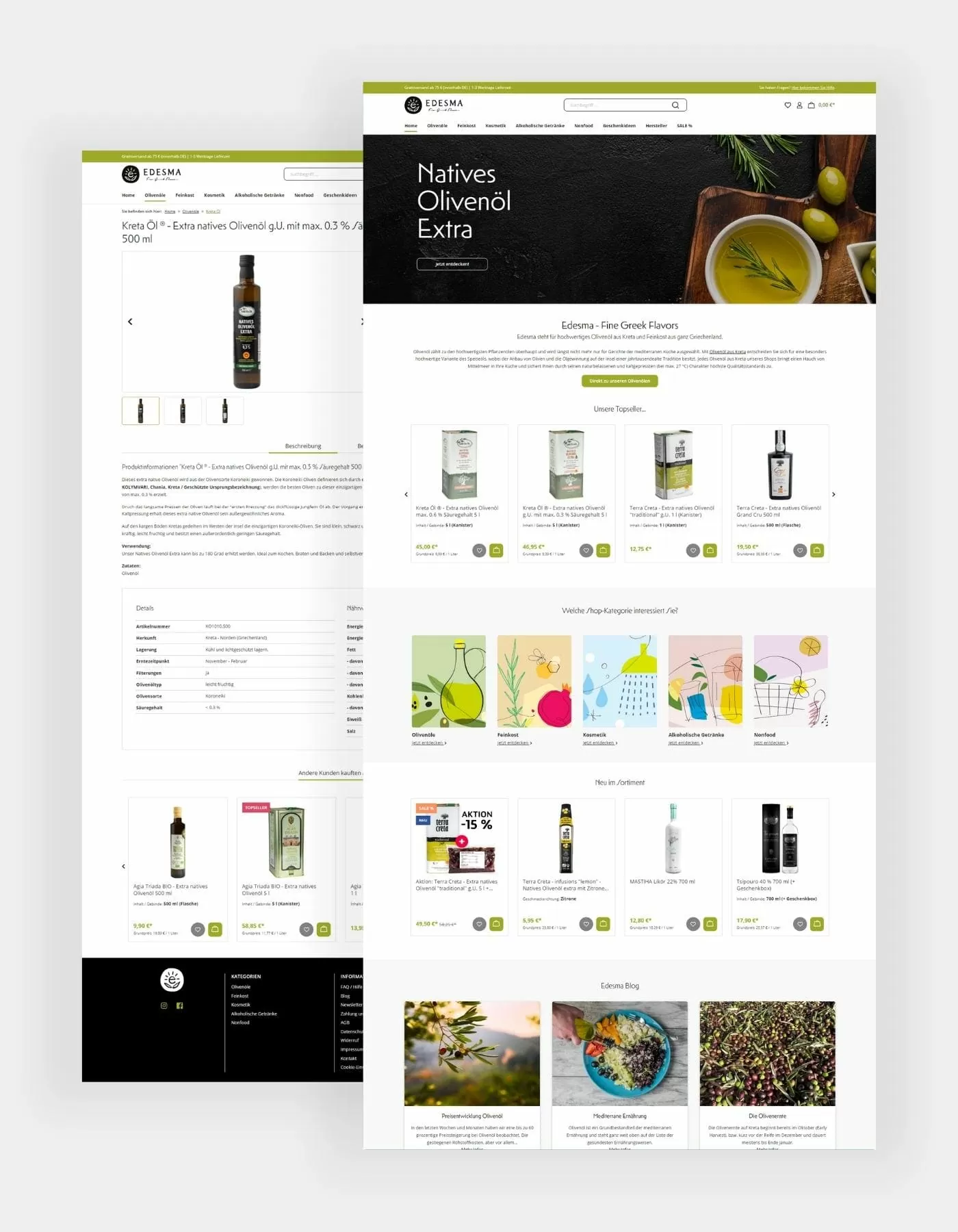 Hochkante Screenshots unter anderem der Startseite mit der Produktübersicht und den verfügbaren Kategorien. Zum anderen noch die Produktdetailseite von Kreta Öl aus dem Edesma Shop