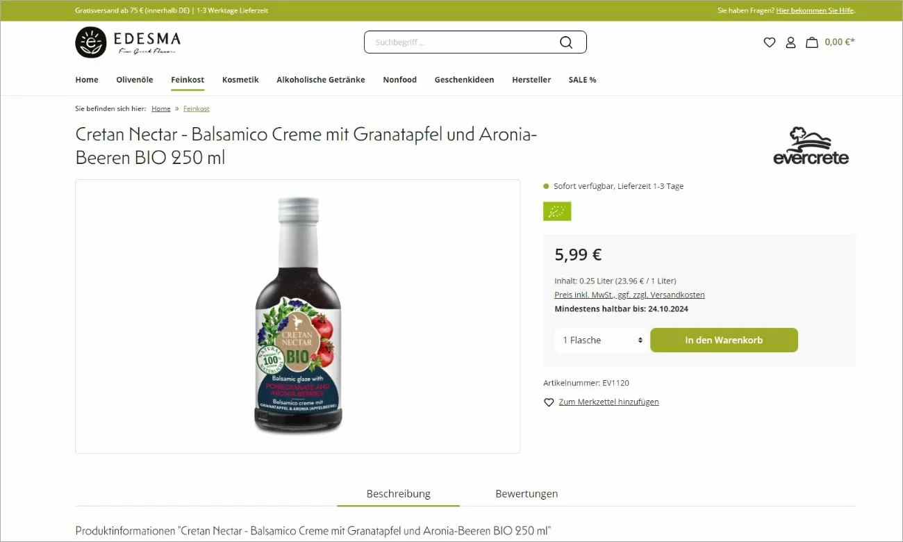 Referenz Highlight der Produktdetailseite zu Crean Nectar in der Kategorie Feinkost des Edesma Online-Shops