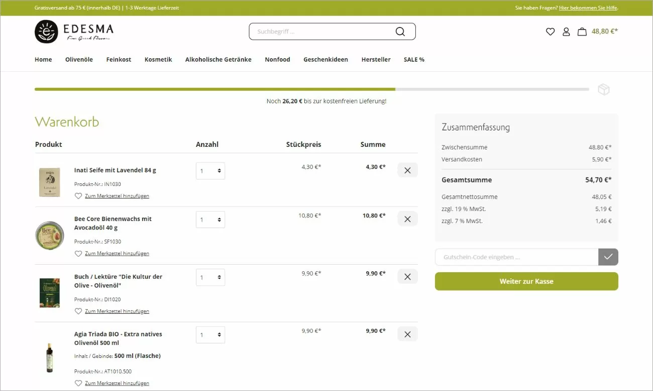 Referenz Highlight des Warenkorbs mit Anzeige zur kostenfreien Lieferung auf der Edesma Webseite