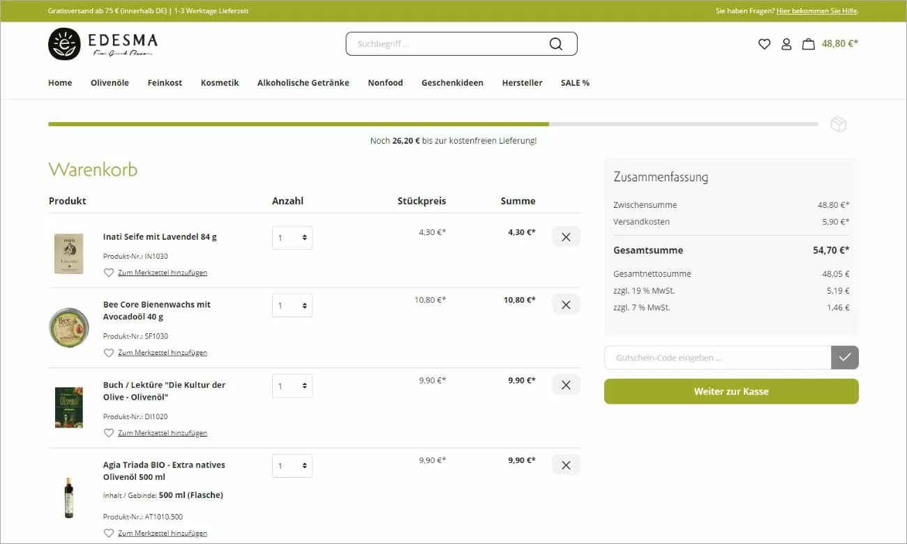 Warenkorb mit Anzeige zur kostenfreien Lieferung auf der Edesma Webseite