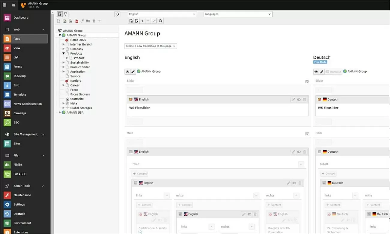 Das TYPO3-Backend der Amann Group unterteilt in Deutsch & Englisch mit Content Boxen