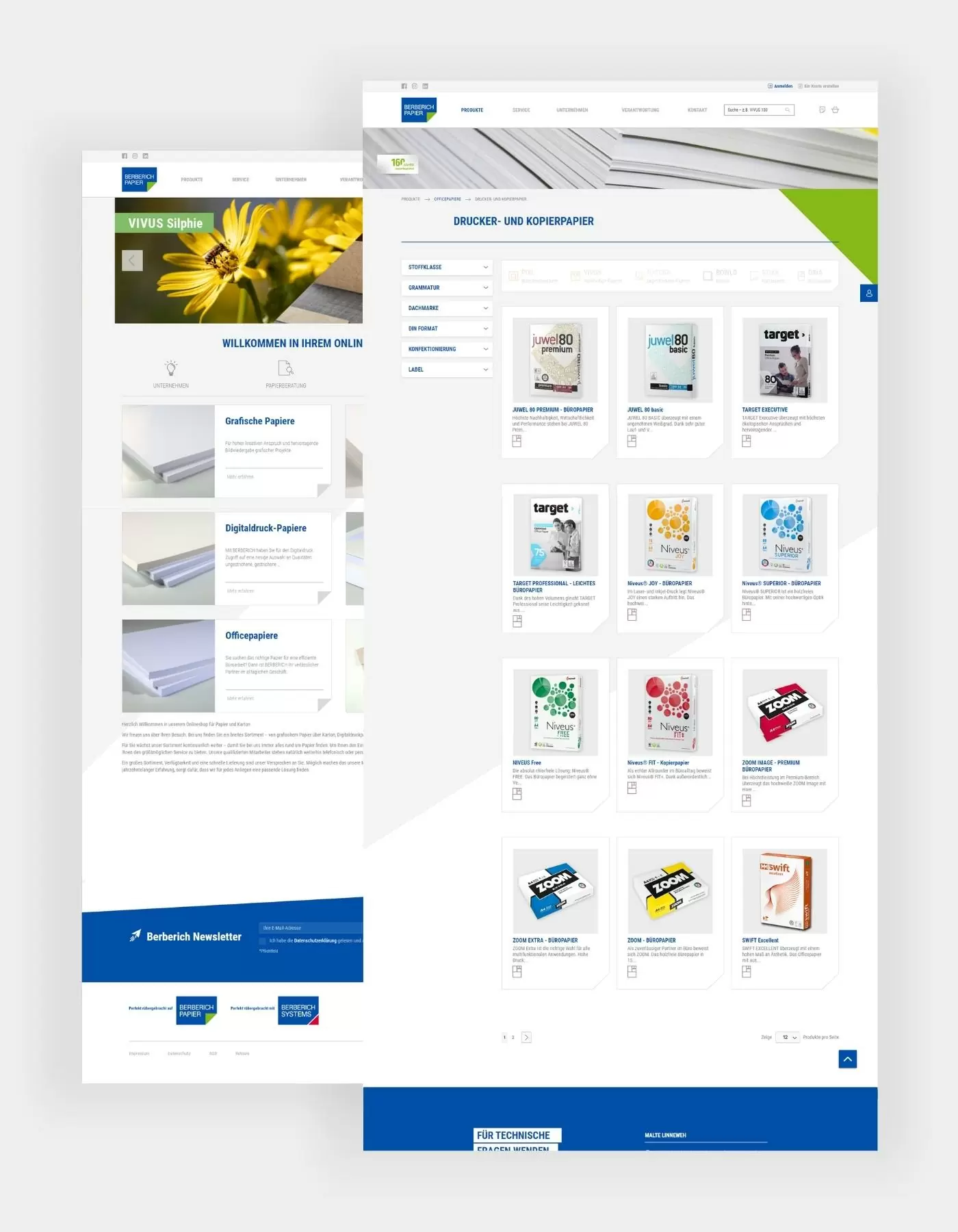 Produktlisting von Drucker- und Kopierpapier im Berberich Online-Shop und die Startseite