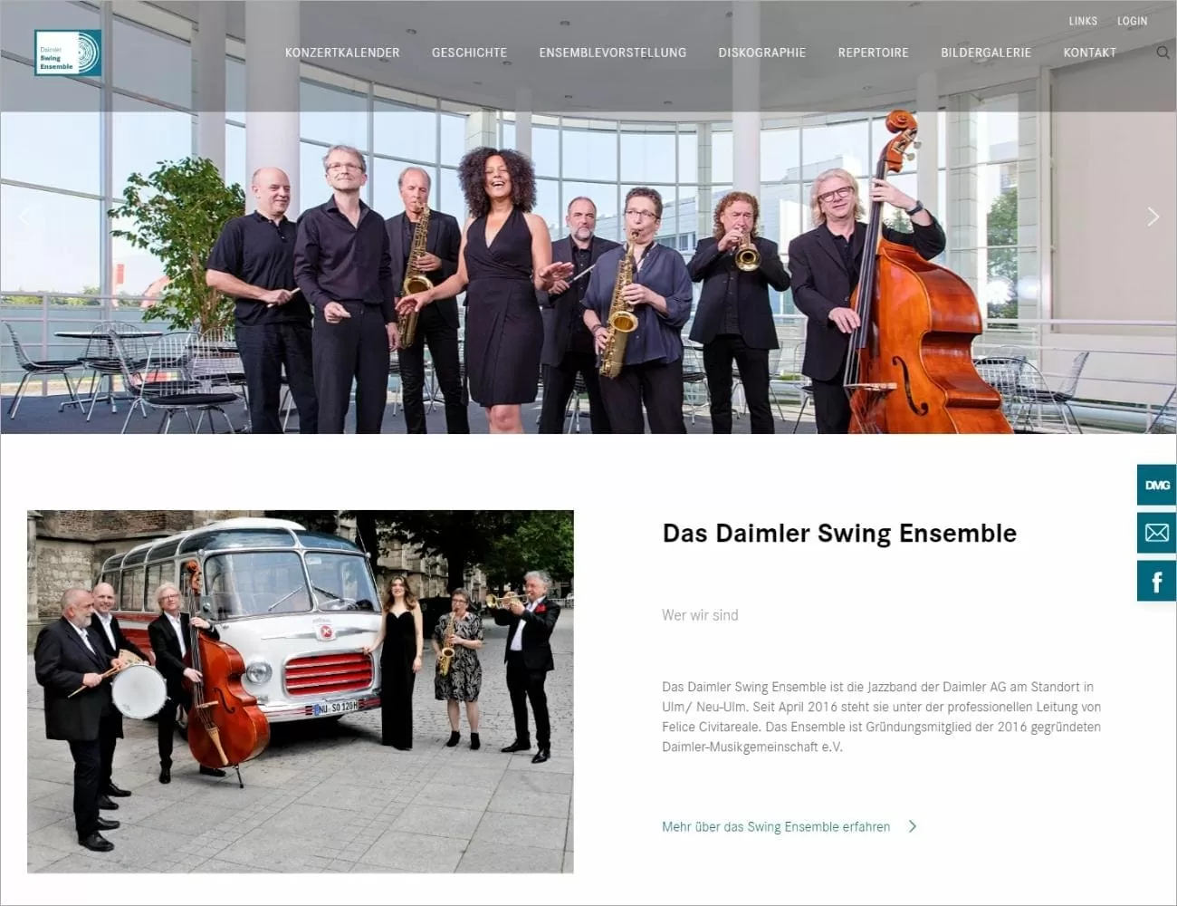 Individuelles Webdesign für das Daimler Swing Ensemble. Man sieht die Startseite des Daimler Swing Ensemble mit einem Gruppenbild des Ensembles im Header inklusive zwei Damen, eine mit Altsaxophon und 7 Männern, davon einer mit Tenorsaxophon, einer mit Trompete und einer mit Kontrabass, darunter links ein Foto eines Auftrittes vor einem Daimler Bus mit Mitgliedern des Ensembles und einer Trommel. einem Kontrabass, einer Trompete und einem Altsaxophon, rechts unten eine Beschreibung über das Daimler Swing Ensemble mit der Möglichkeit mehr zu erfahren