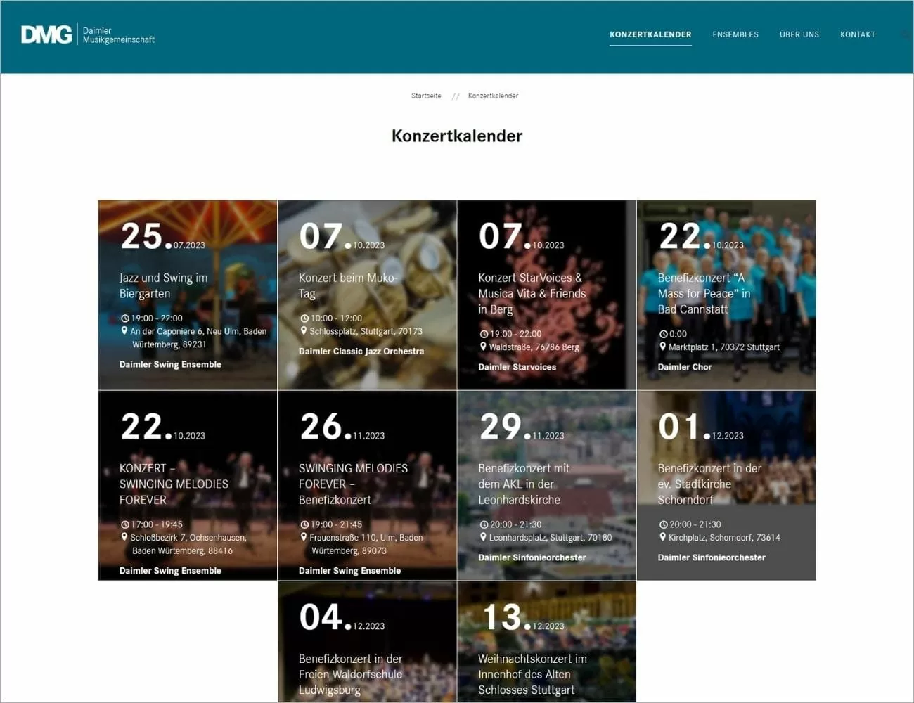 Ein Highlight auf der Webseite: Der Konzertkalender der Daimler Musikgesellschaft (DMG) mit Auftritten der verschiedenen Ensembles. Die Termine reichen vom 07.10.2023 mit zwei Auftritten der Gruppen 
