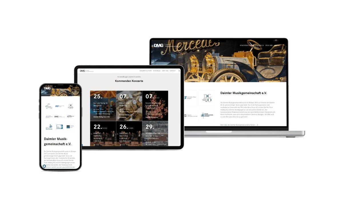 Darstellung der Startseite auf unterschiedlichen Geräten. Auf dem iPhone und dem MacBook wird die Landingpage mit Bild und einer kurzen Erklärung des Vereins angezeigt. In dem Tablet zeigt der Screenshot eine Kachel-Darstellung der kommenden Konzerte