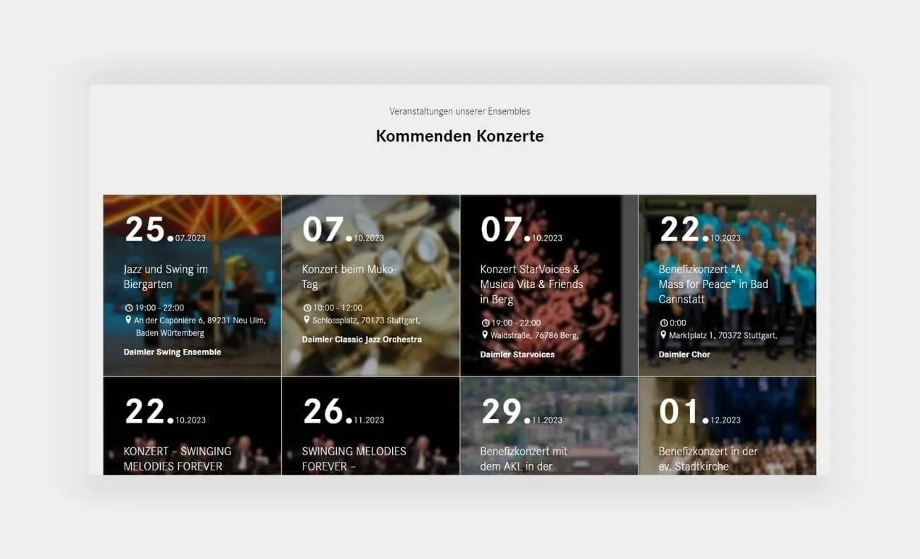Kachel-Darstellung der bevorstehenden Veranstaltungen der Ensembles von der Daimler Musikgesellschaft
