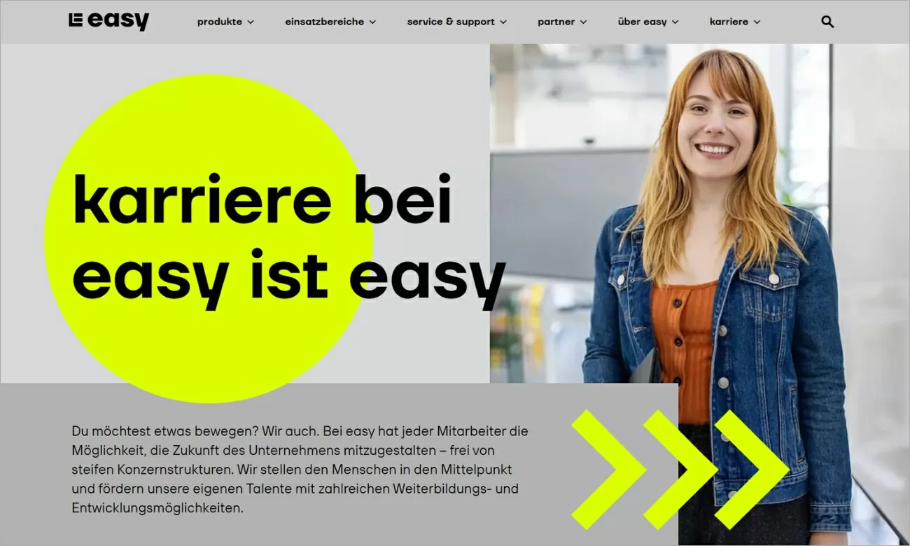 Karriereseite von Easy-Software mit einer Überschrift, kurzem Infotext und einer freundlichen Person