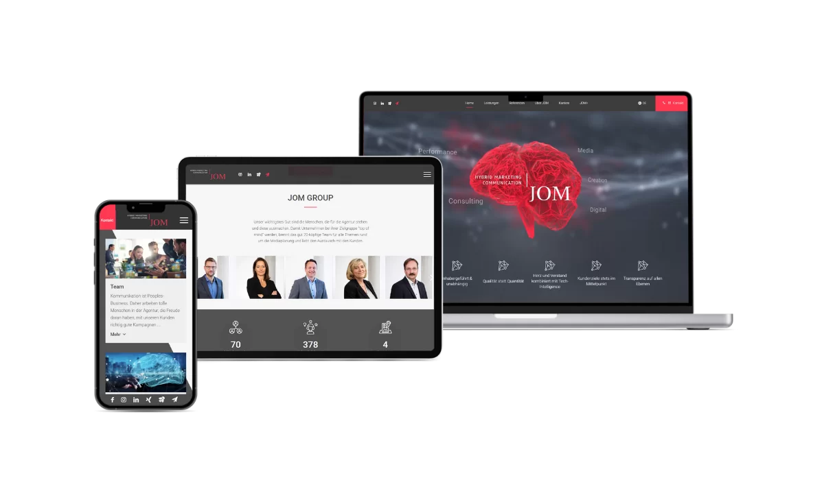 Screenshots der Jom Group-Webseite in den Geräten IPhone, IPad & Macbook: Header der Startseite, das Team der Jom Group & die News-Seite