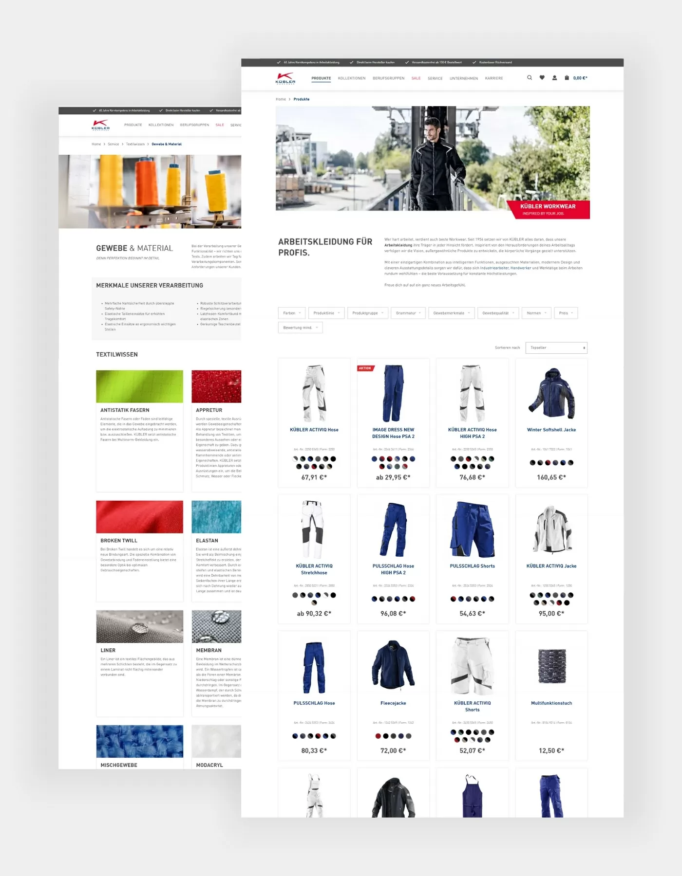 Abbildung von Kategorie- und Inhaltsseiten von Kübler Workwear