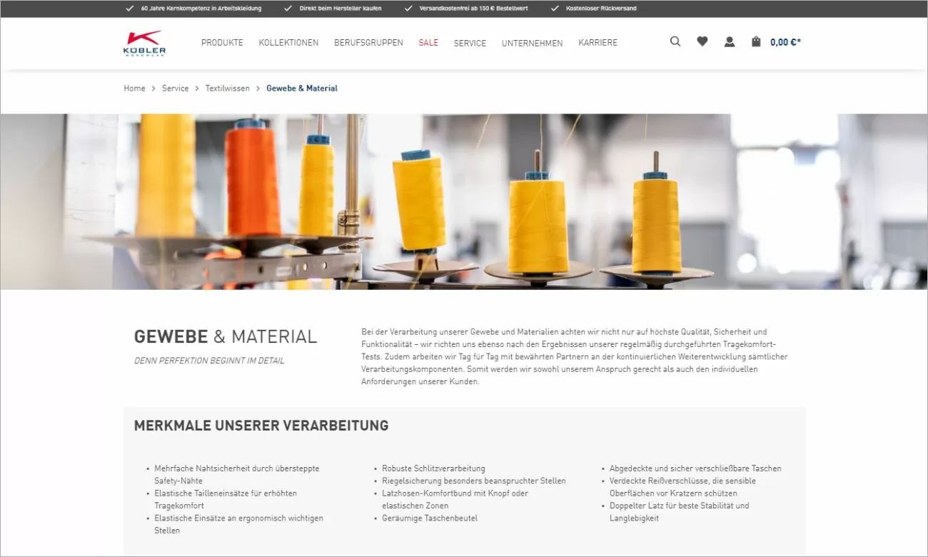 Highlight von Kübler Workwear 'Erlebniswelten'-Seite mit Inhalten
