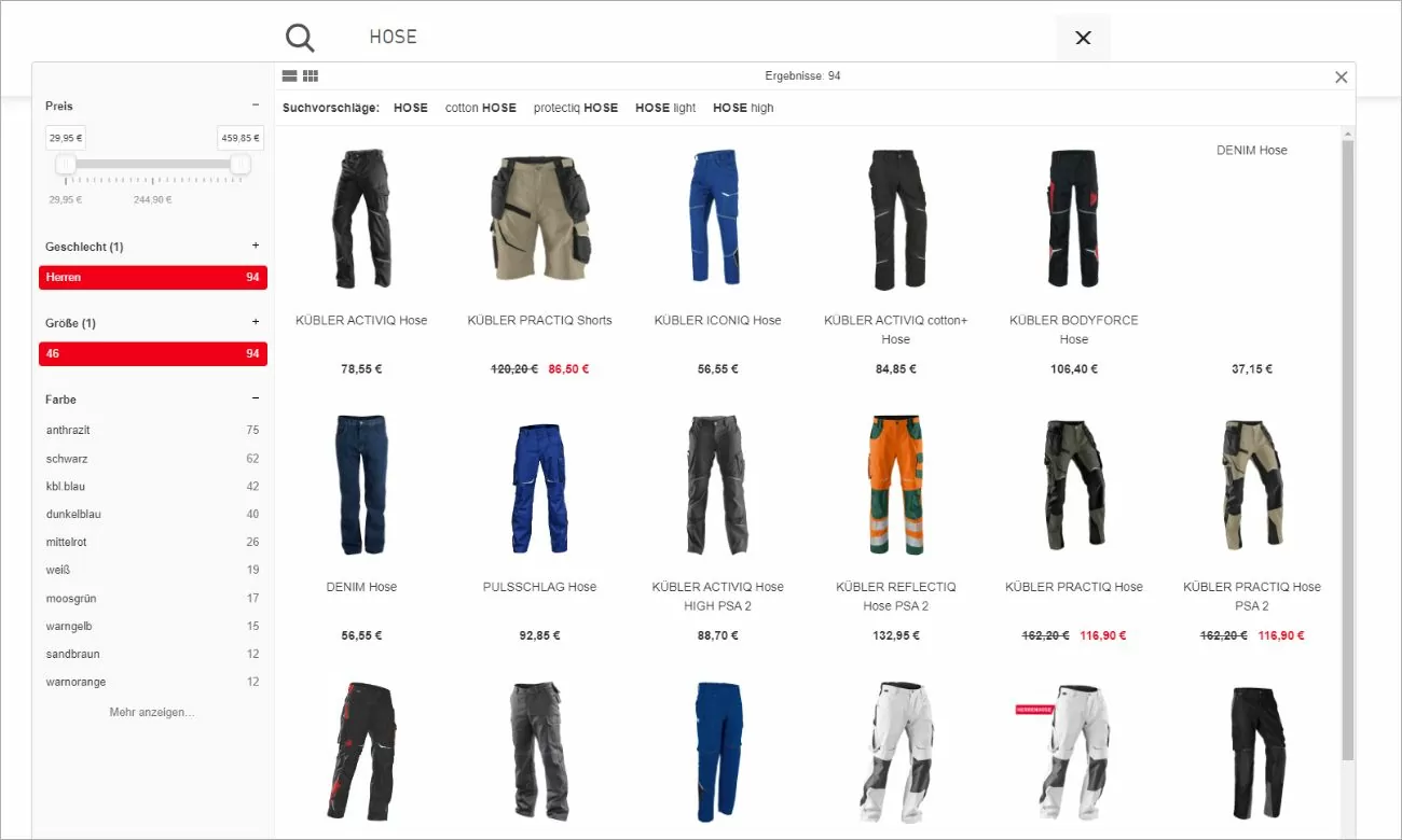 Ein Highlight des Online-Shops Kübler Workwear: die Suchmaske