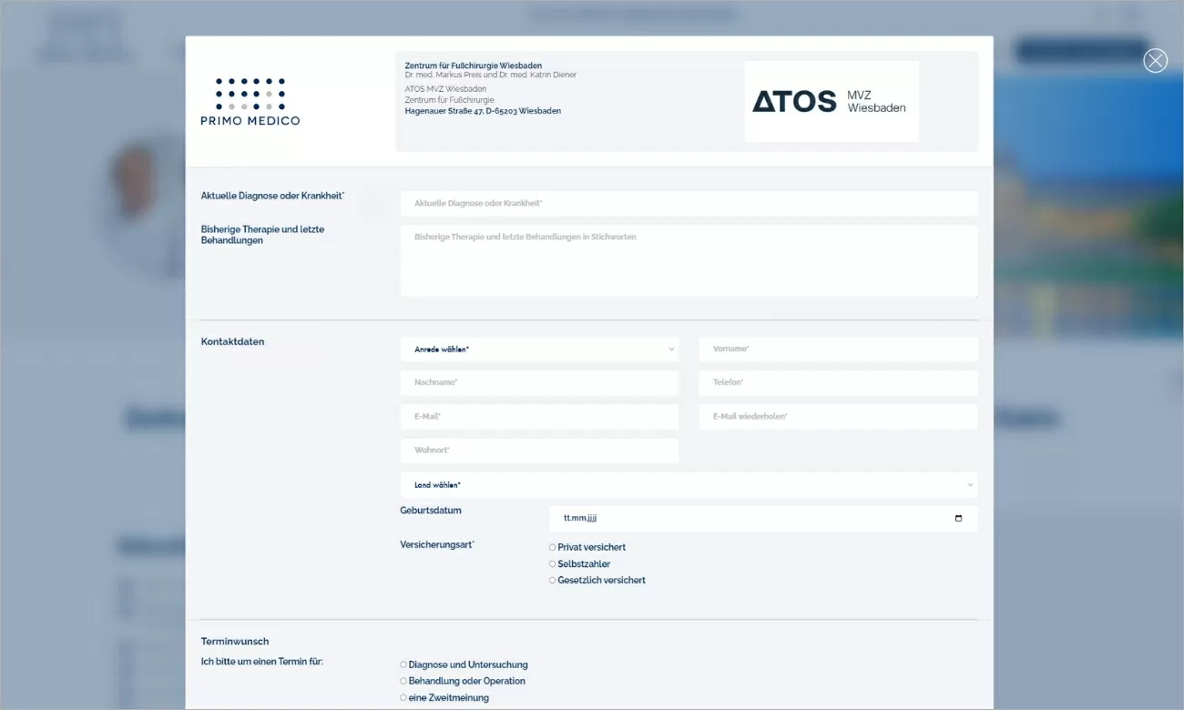 Kontaktformular um einen Termin bei einem Arzt anzufragen auf der Webseite von Primo Medico