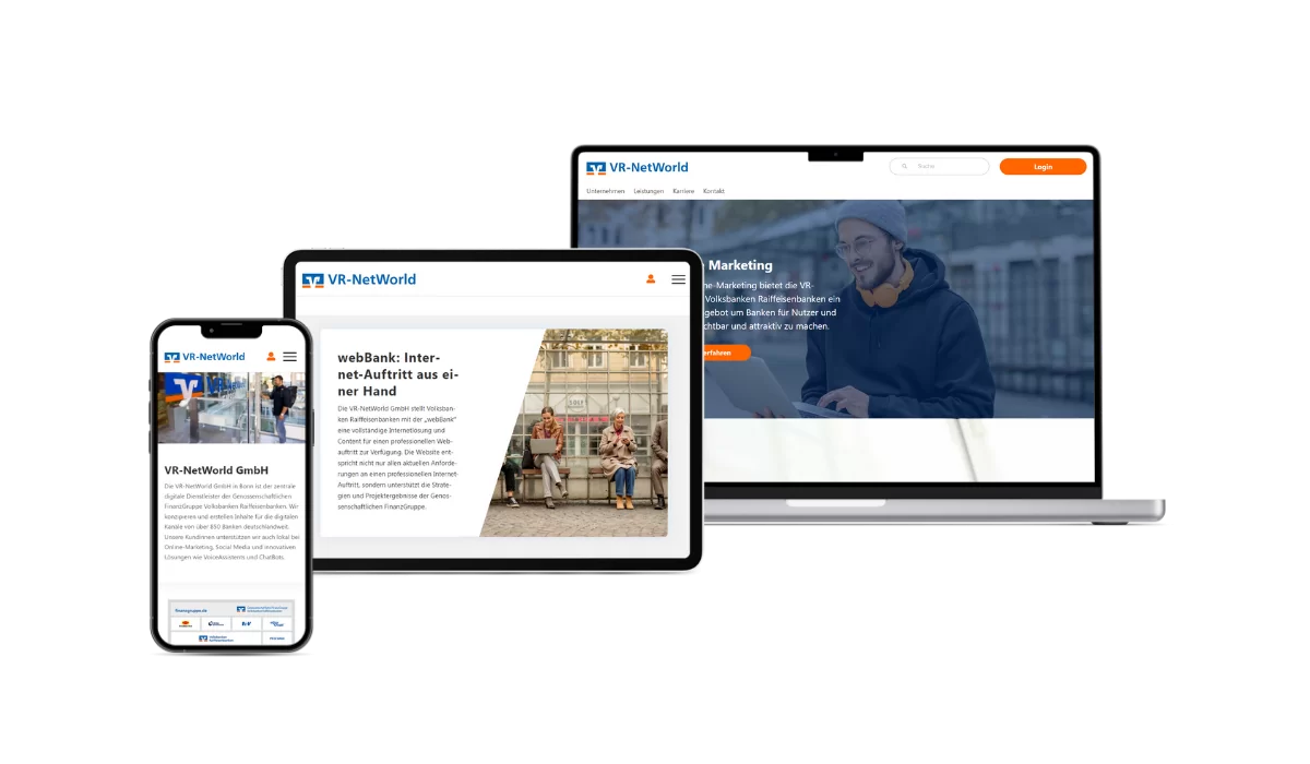 Der Laptop zeigt die Startseite, das Tablet zeigt die WebBank und das Handy das Unternehmen.