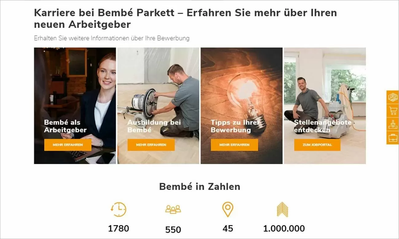 Screenshot der Unternehmensseite von Bembé Parkett mit Sektion zu Karriere und Bembé in Zahlen