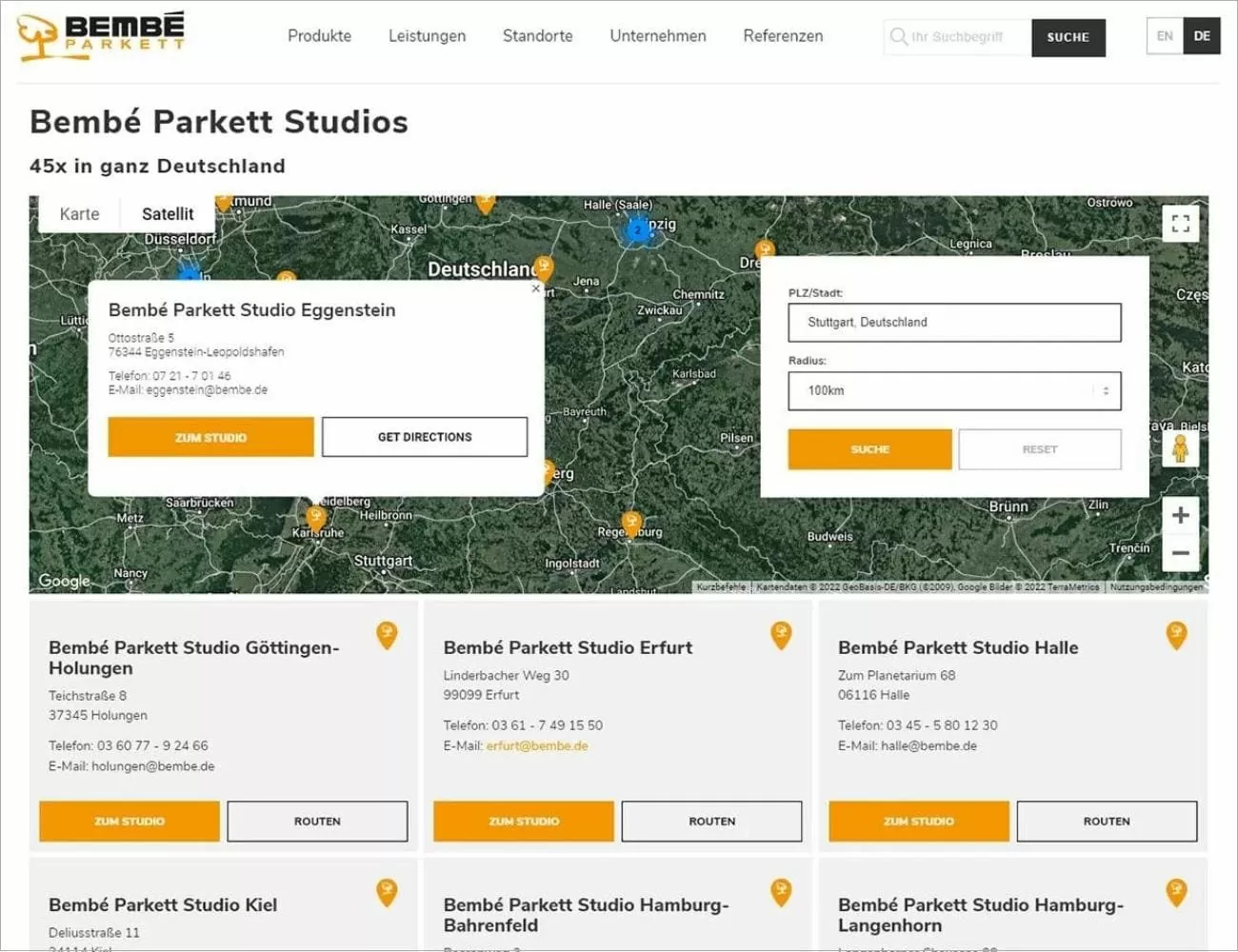 Der Screenshot der interaktiven Karte für die einfache Auffindbarkeit von Standorten in der Nähe der Kunden