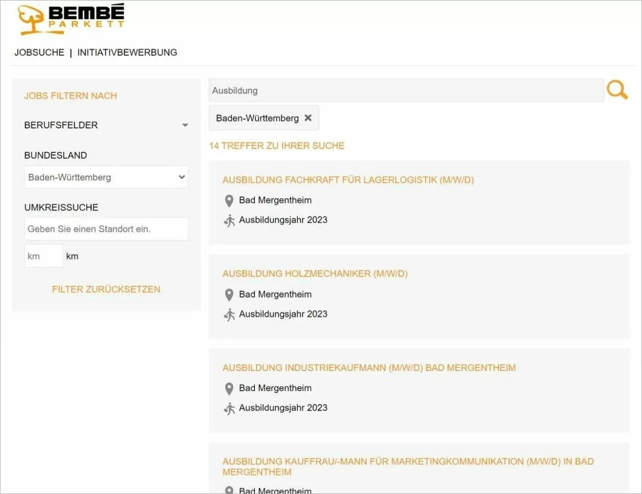 Ein Screenshot des Karrierebereichs von Bembé Parkett mit offenen Stellen in Baden-Württemberg